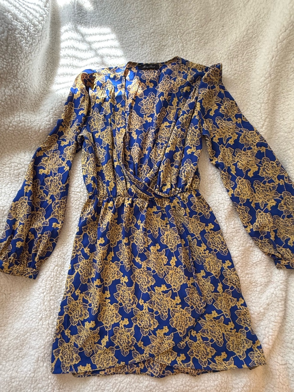 Blue and Gold Floral Wrap Dress